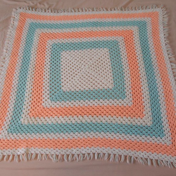 Vintage Handmade Handknit Peach, Blue & White Afghan Baby Blanket 38" x 38" - Picture 4 of 4